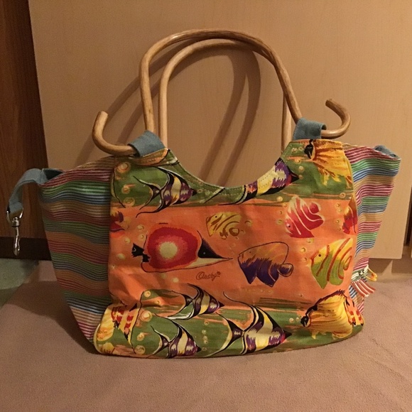 Anne Ormsby “ Surviving Stress” Carribean Themed Tote Bag with Bamboo Handlea - Picture 4 of 11